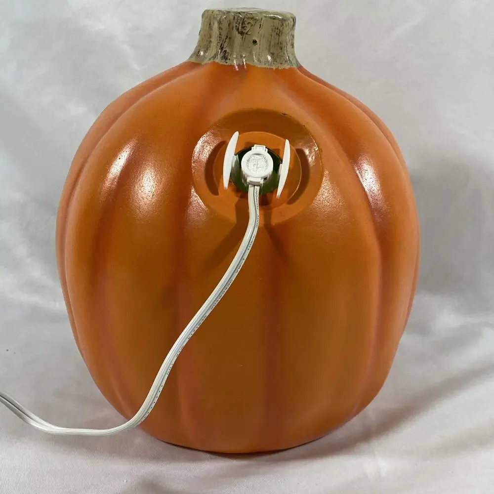 Vintage 9” Blow Mold Pumpkin Lighted Halloween Jack O Lantern Green Light